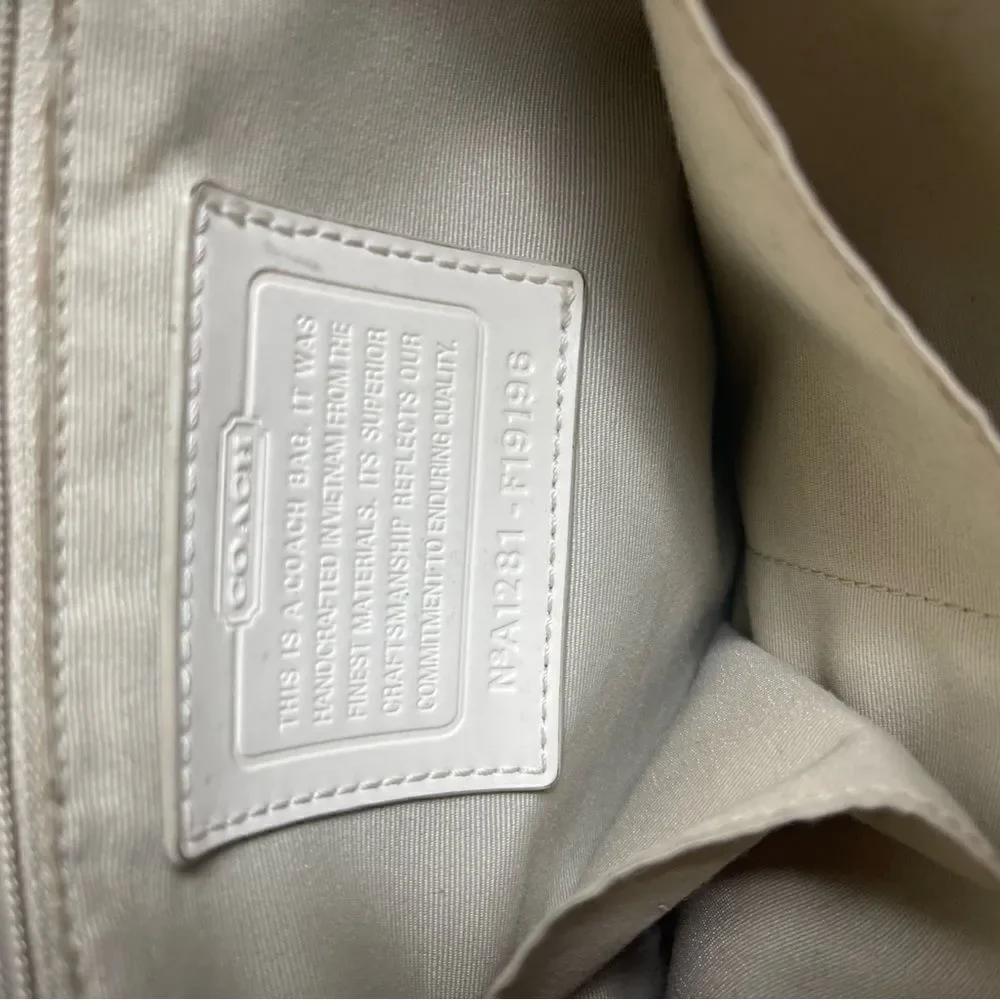 Coach satin scarf print 1941 beige ,khaki,peach & mint green color small tote. - Picture 7 of 16